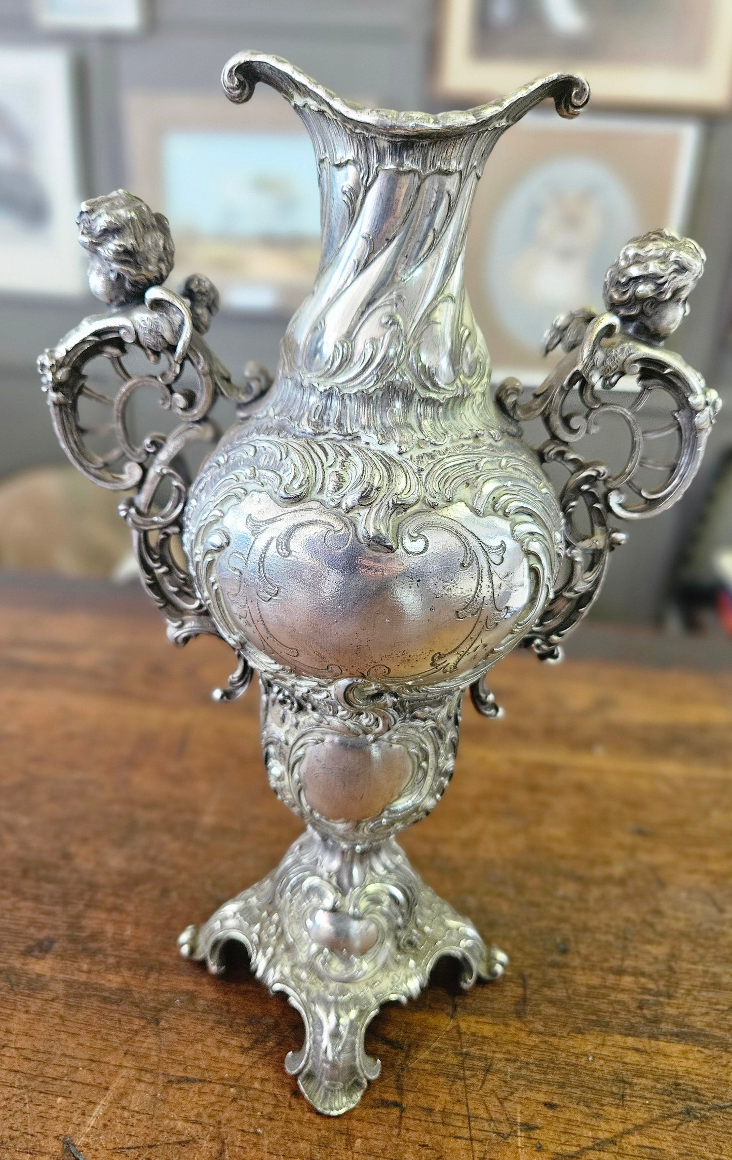 Art Nouveau, silver plated WMF vase with cherubs