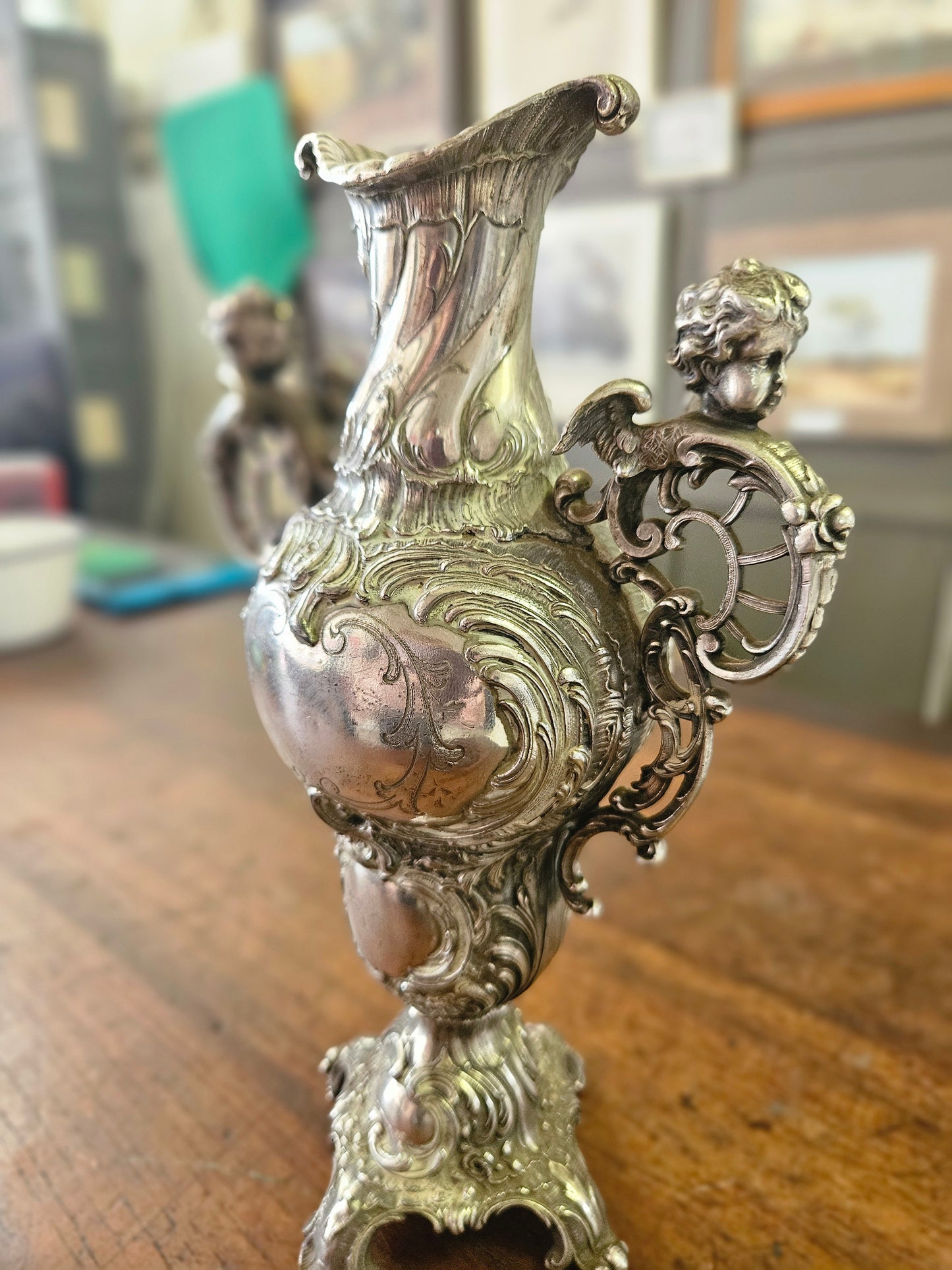 Art Nouveau, silver plated WMF vase with cherubs