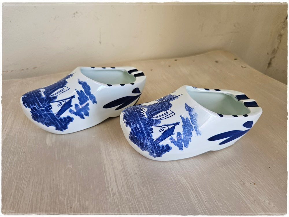 2 blue and white shoe ashtrays