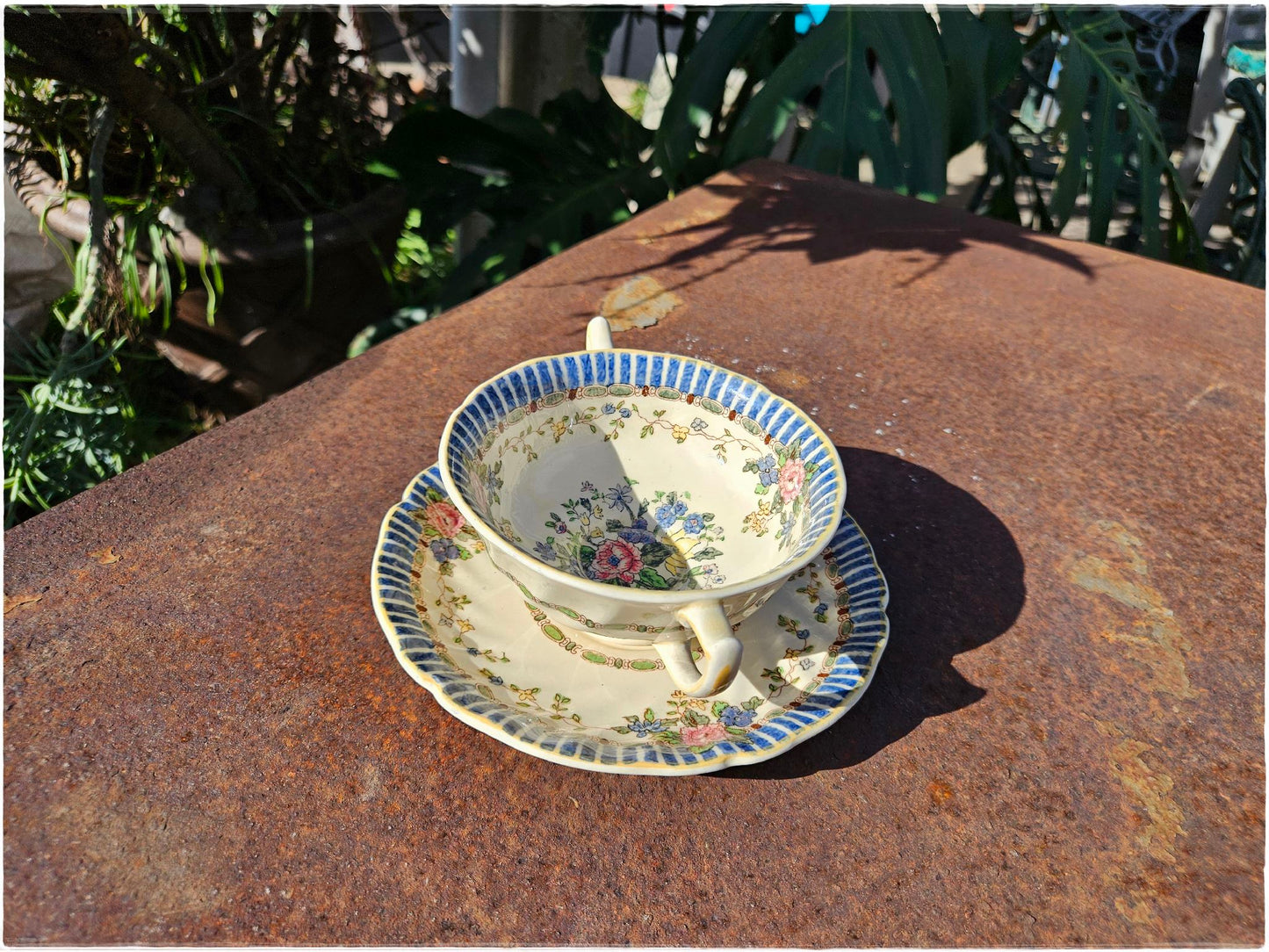 Floral teacup and saucer on a rusted metal surface with greenery in the background