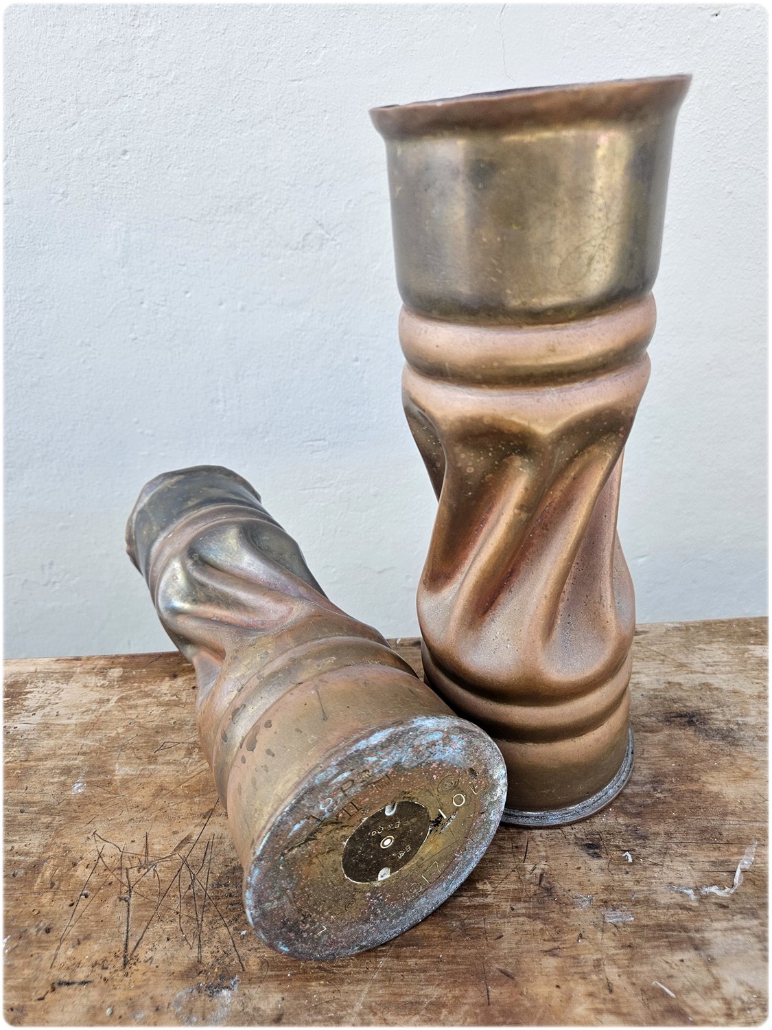 Pair of copper and brass trench art vases