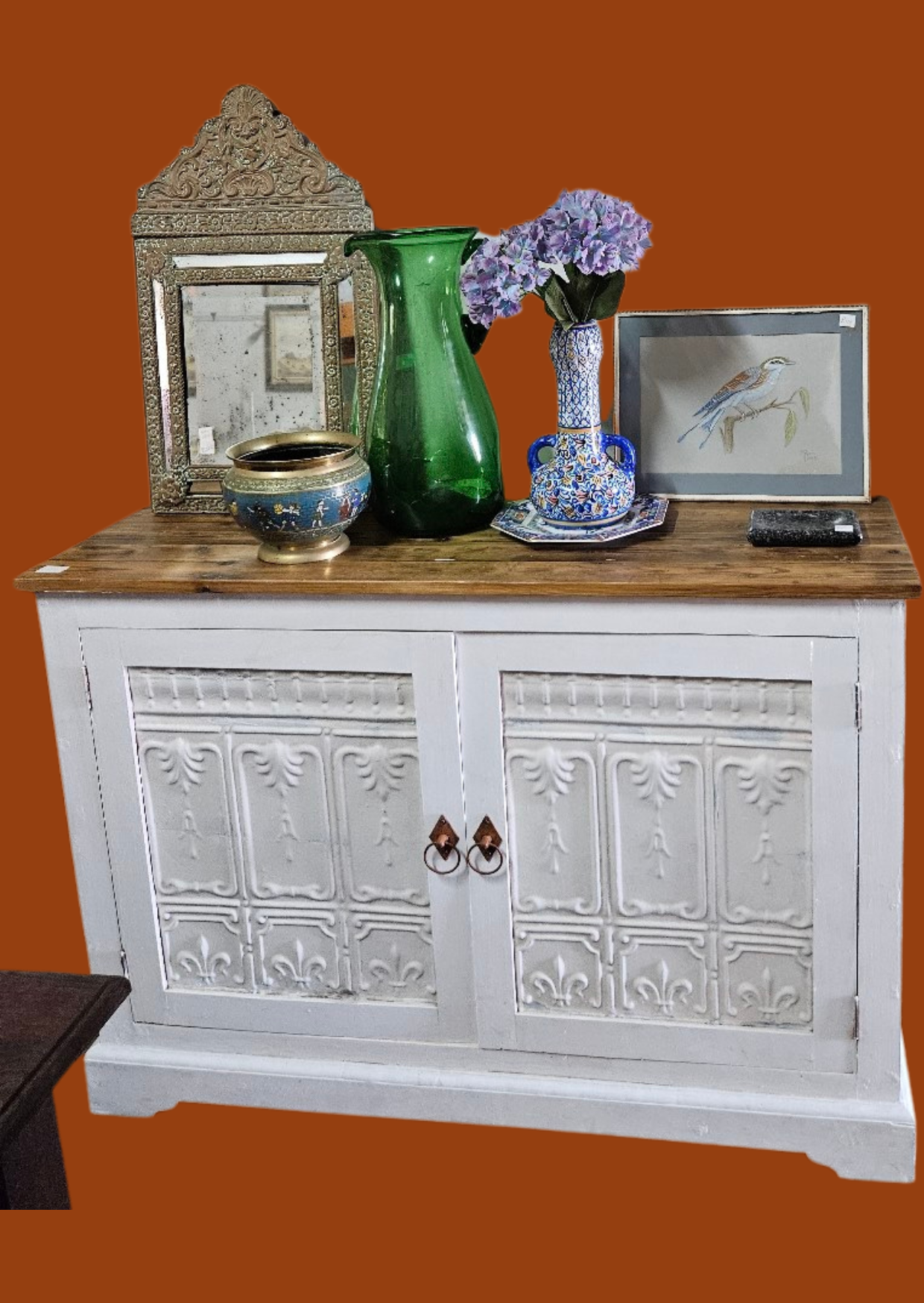 White oregan base cupboard with iron panelled doors