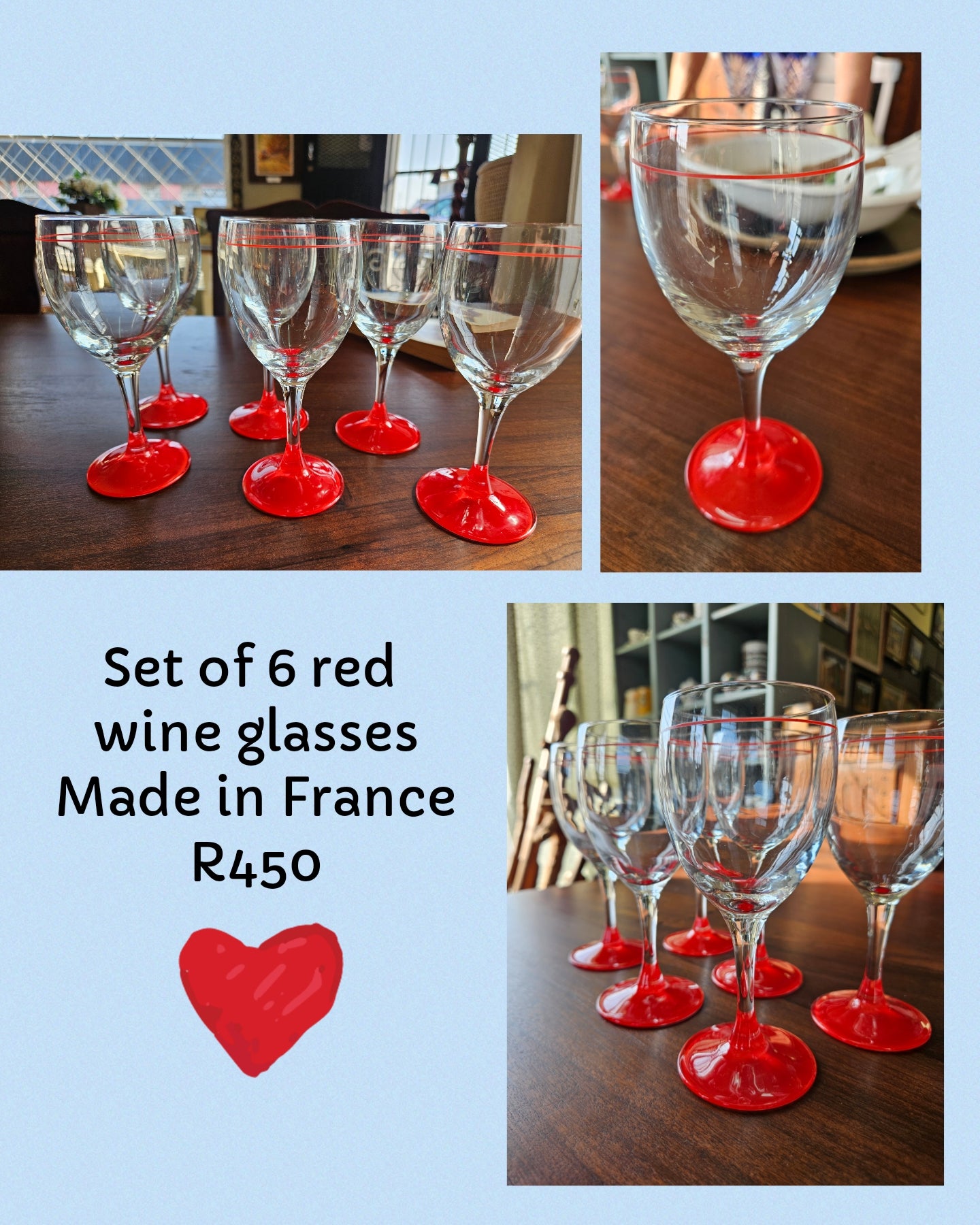 Set of 6 wine glasses made in France
