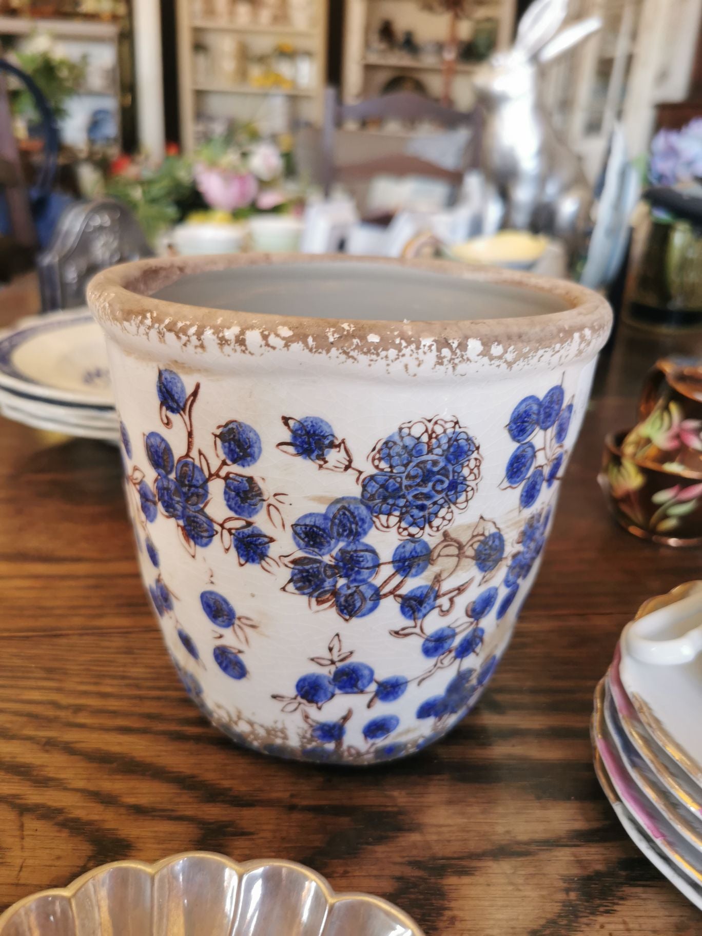 Ceramic pot - blue and brown flowers