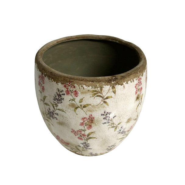 Plant pot with muted red and black flowers
