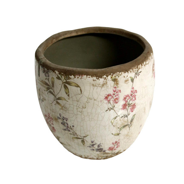 Plant pot with muted red and black flowers