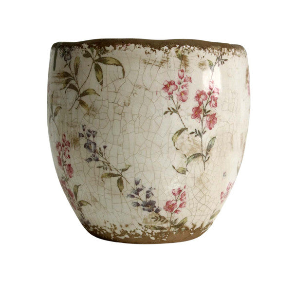 Plant pot with muted red and black flowers
