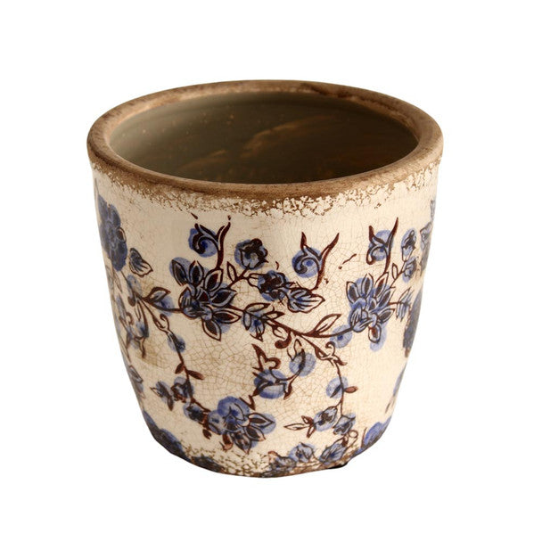 Ceramic pot - blue and brown flowers