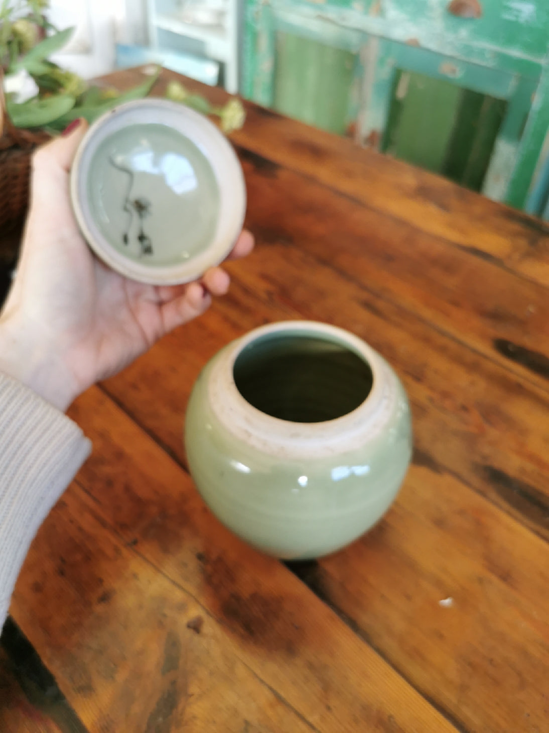 Green pottery ginger jar