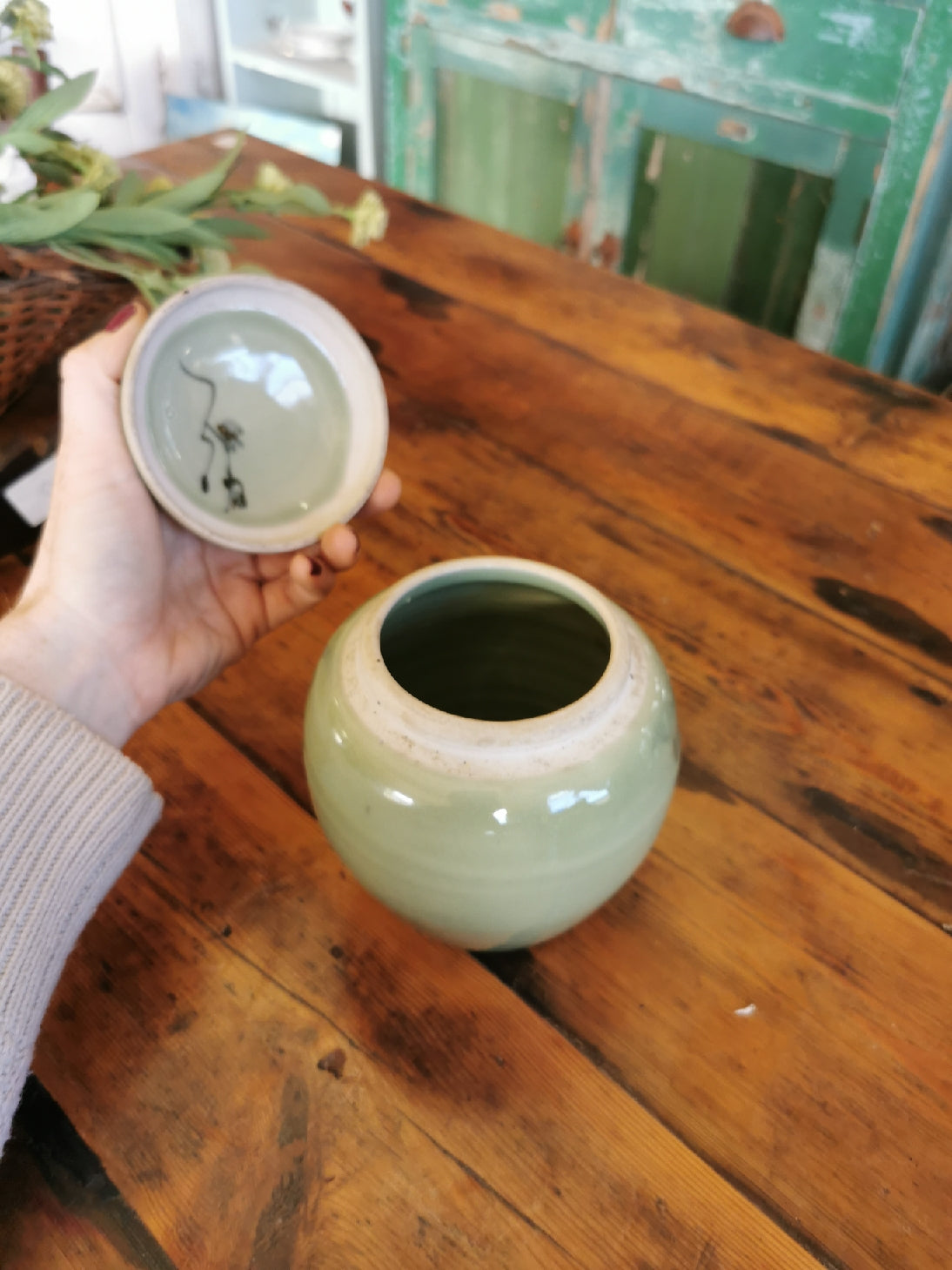 Green pottery ginger jar