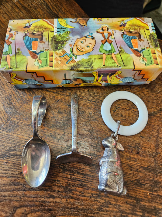 Silver plated baby rattle set in original box