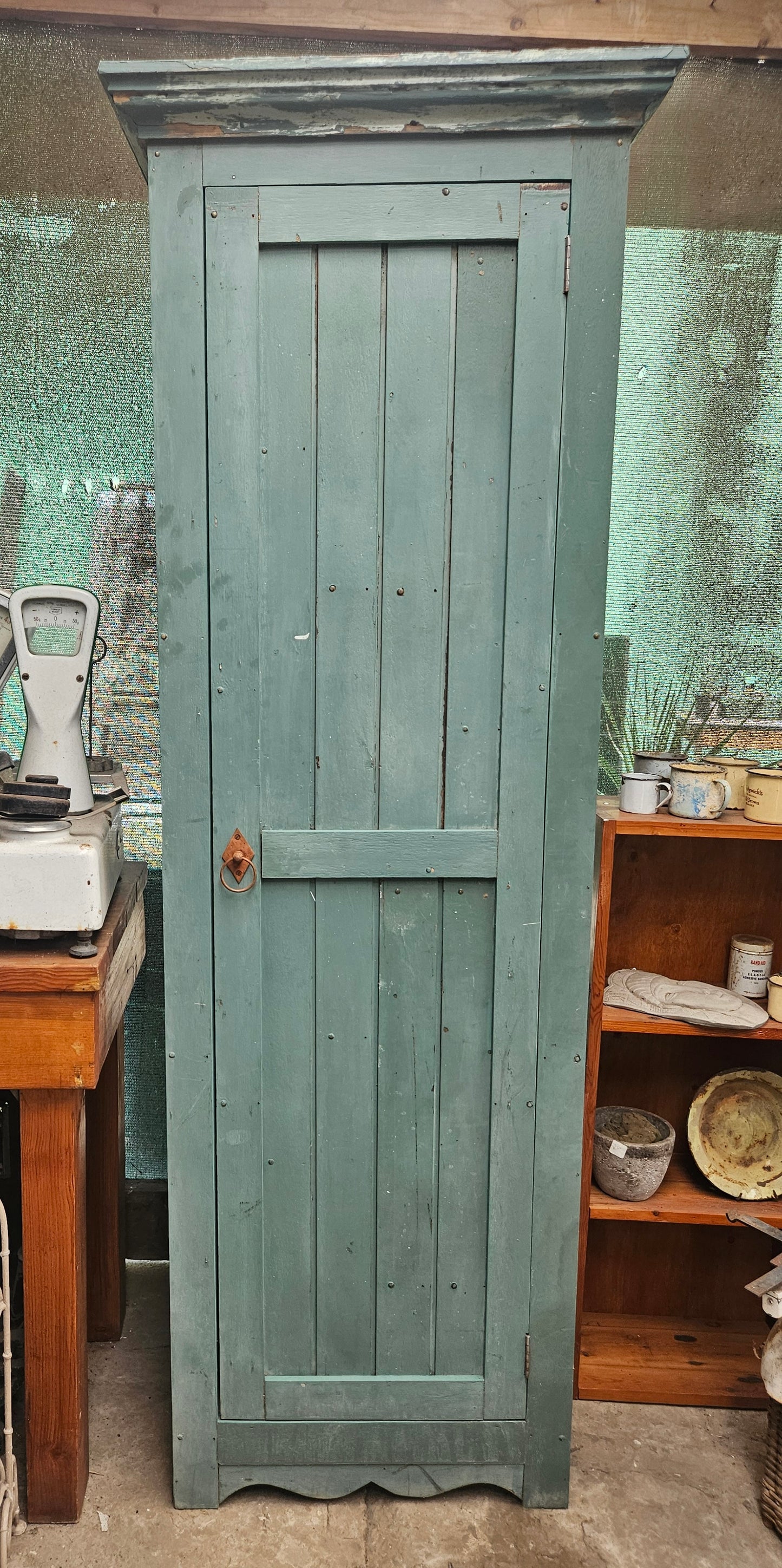 Green cabinet with shelving