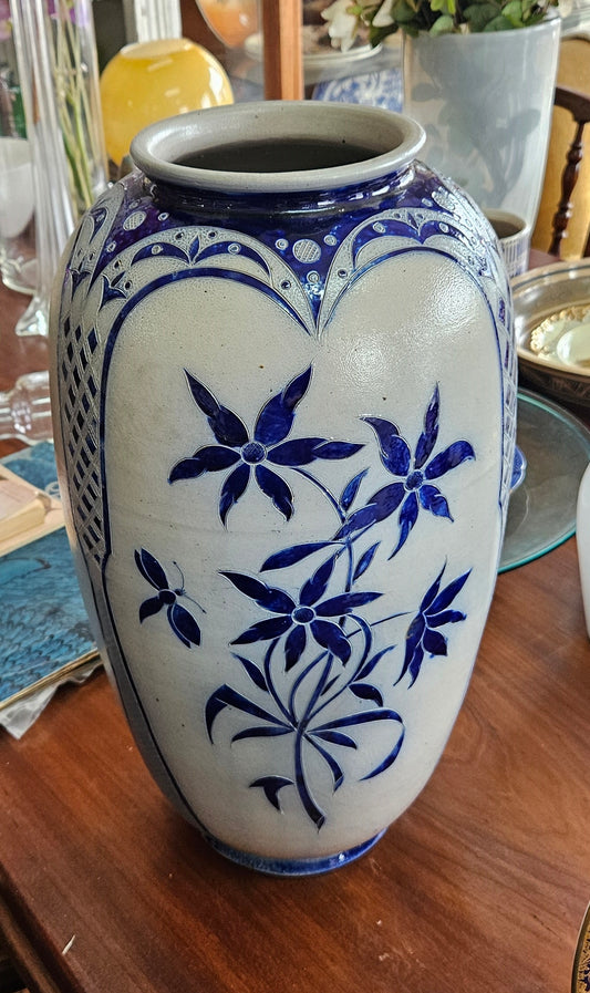Tall blue and white vase