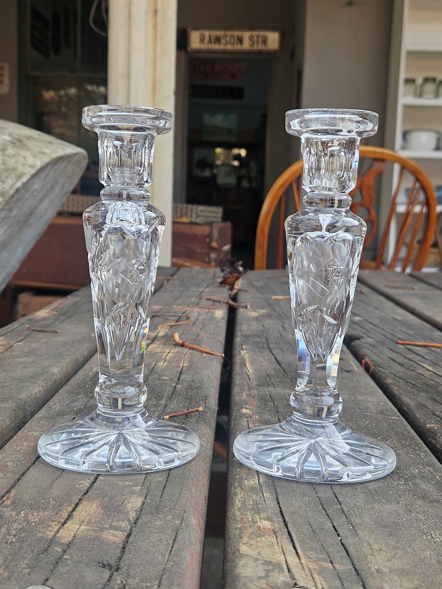 Pair of Rose-cut crystal candlestick holders
