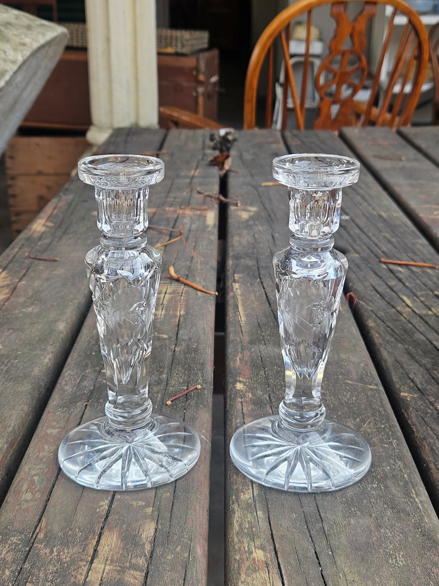 Pair of Rose-cut crystal candlestick holders