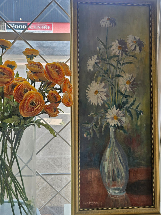 Still life painting of daisies in a vase