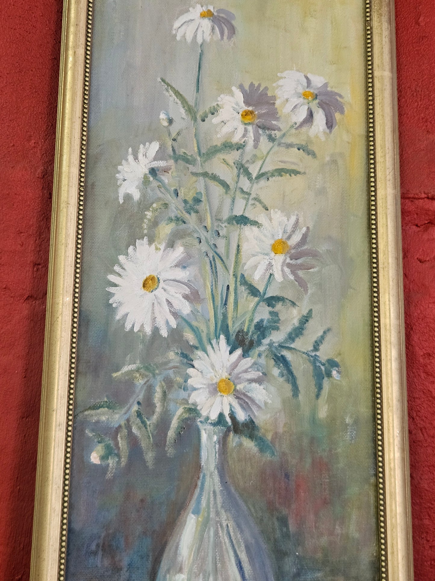 Still life painting of daisies in a vase