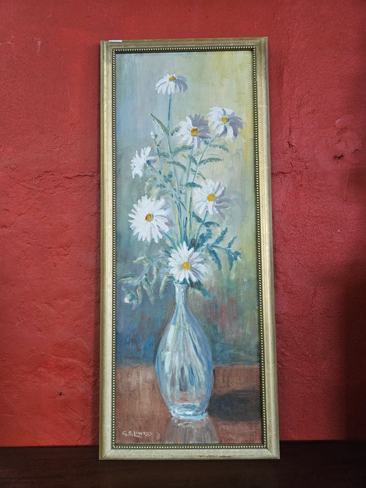Still life painting of daisies in a vase