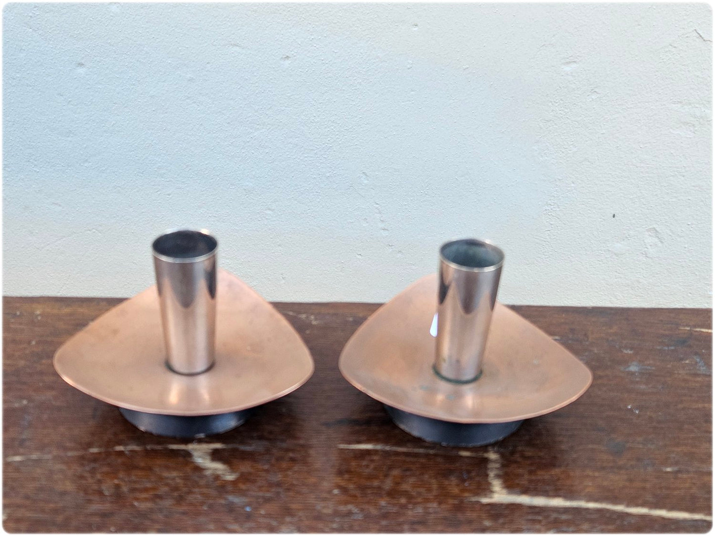 Pair of mid-century copper and stainless steel candlesticks