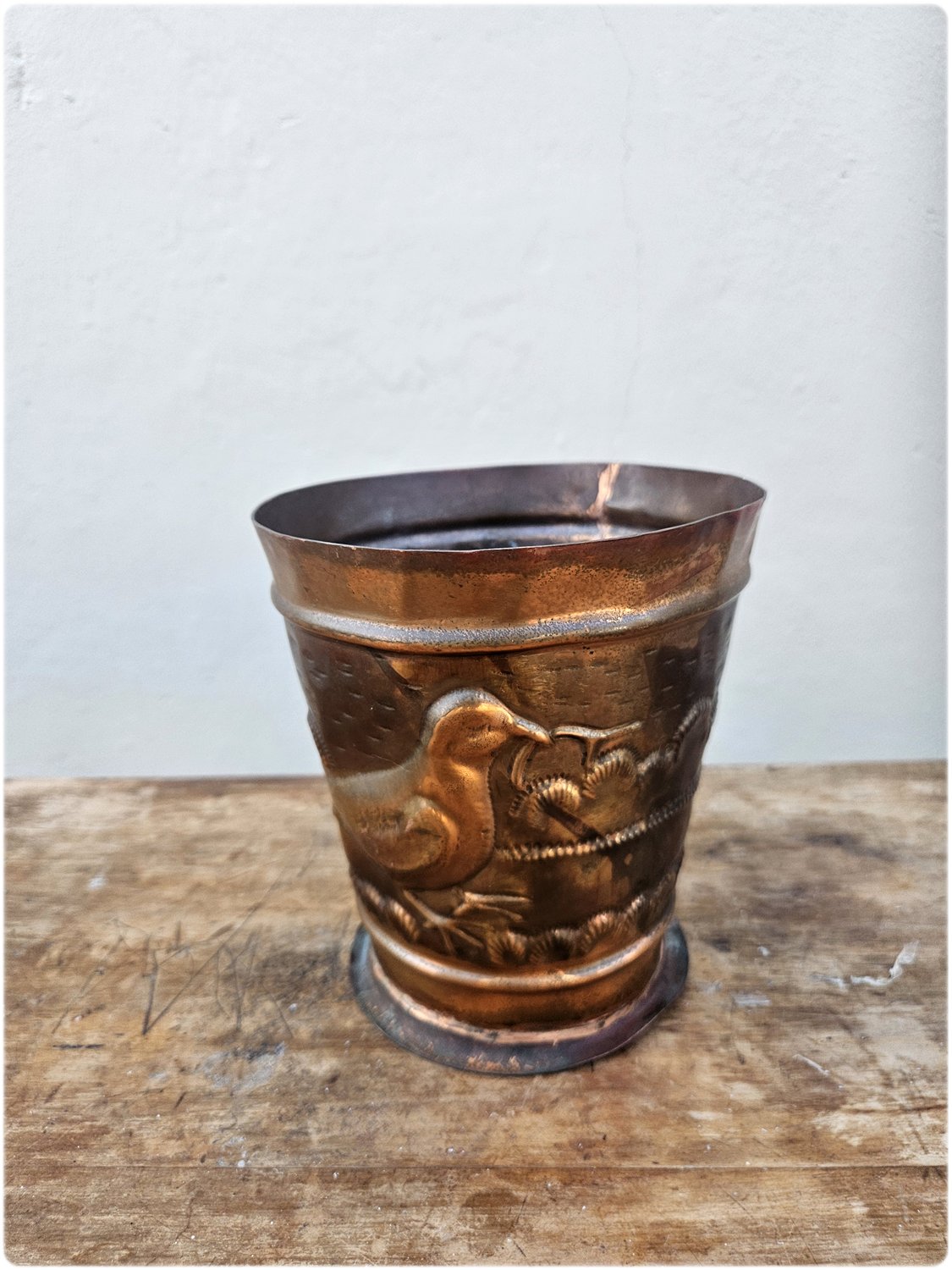 Copper planter with bird design