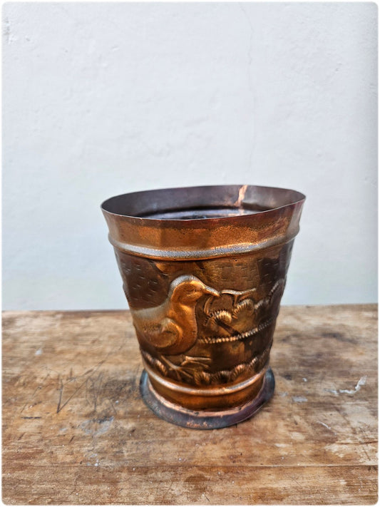Copper planter with bird design