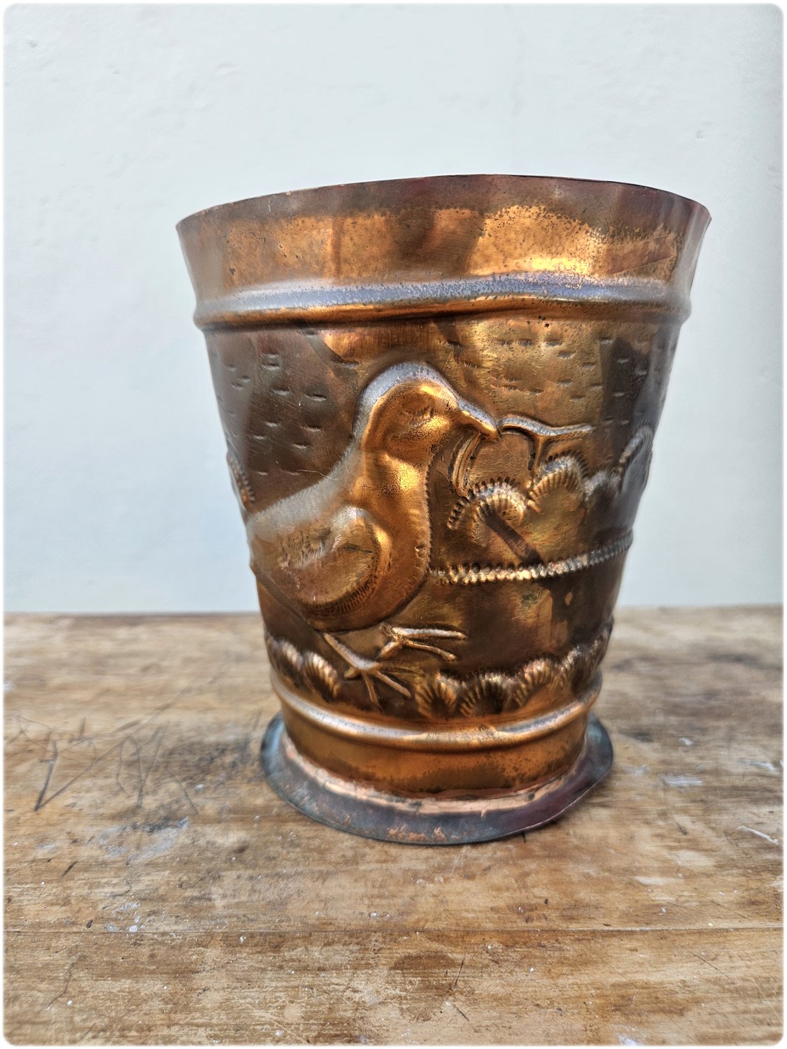 Copper planter with bird design