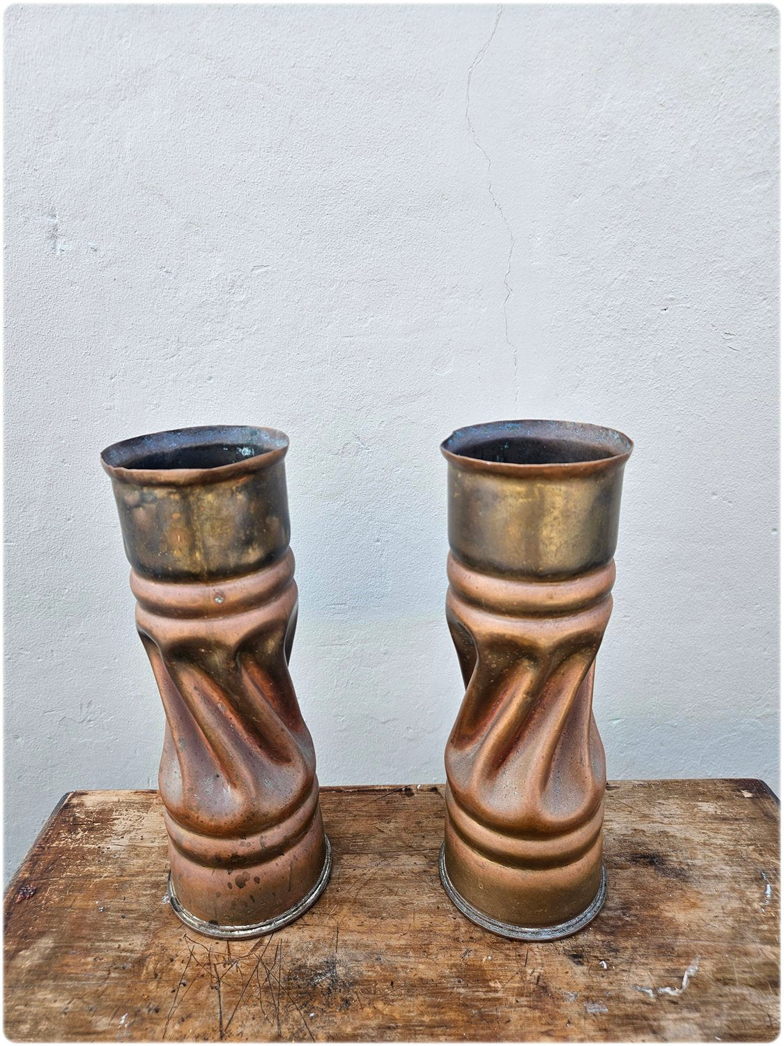 Pair of copper and brass trench art vases