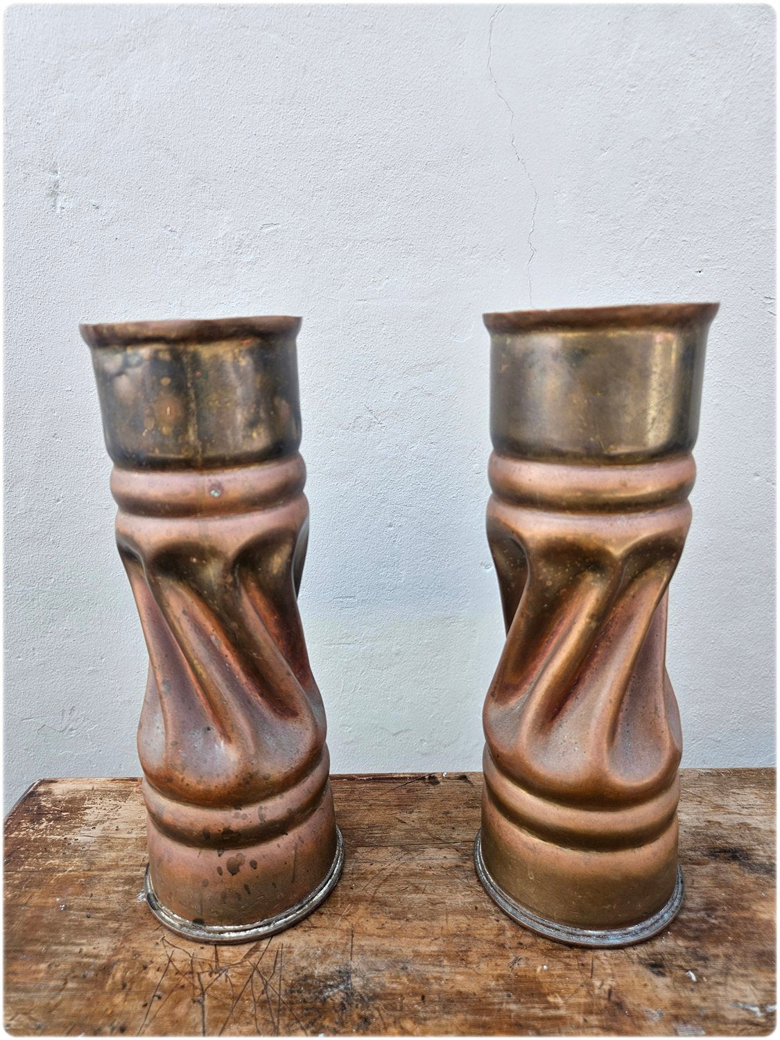 Pair of copper and brass trench art vases