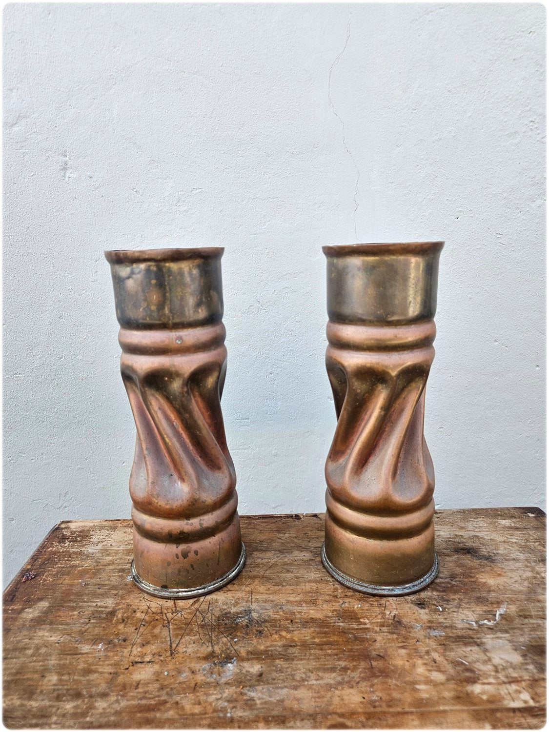 Pair of copper and brass trench art vases