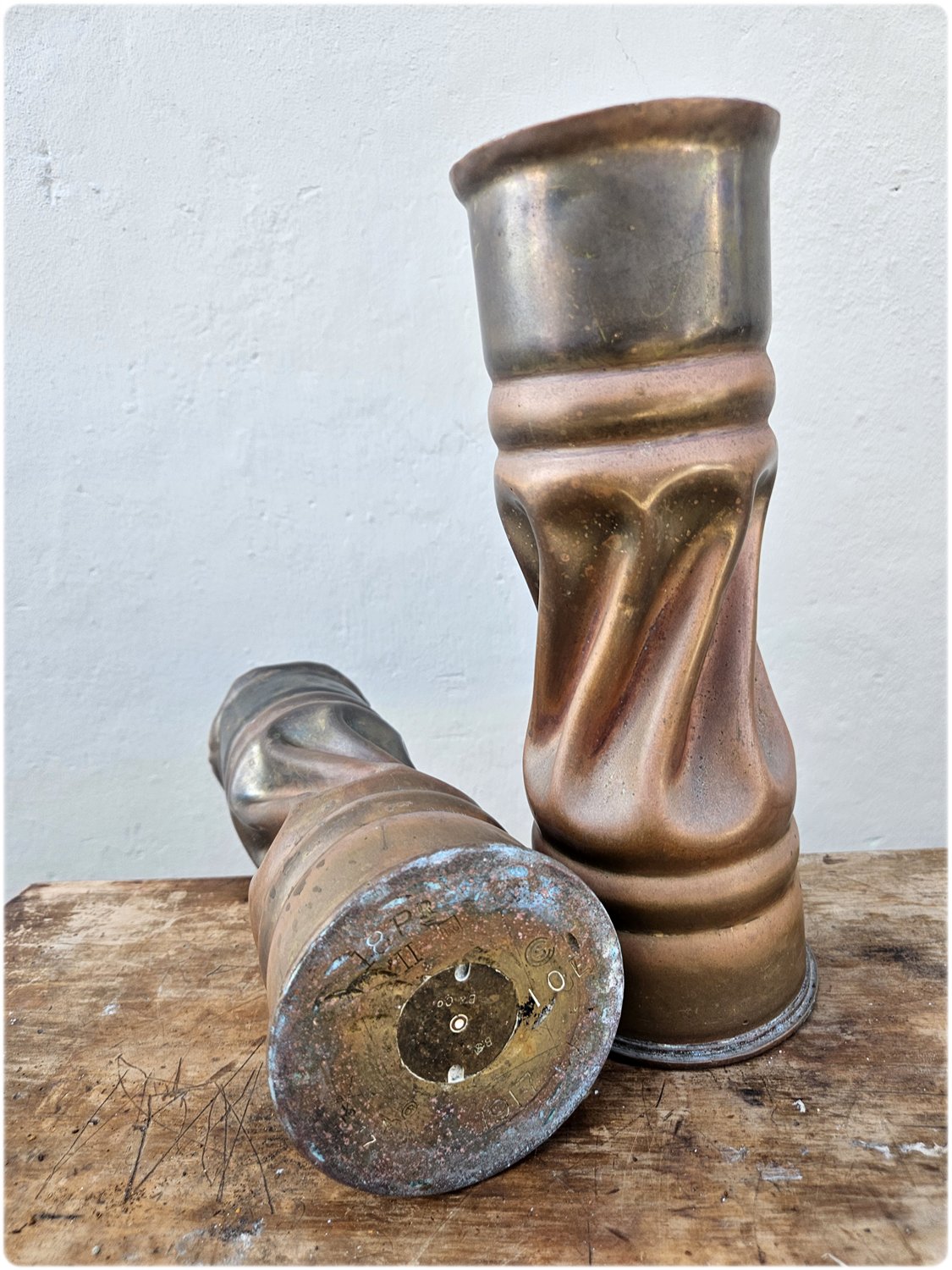 Pair of copper and brass trench art vases