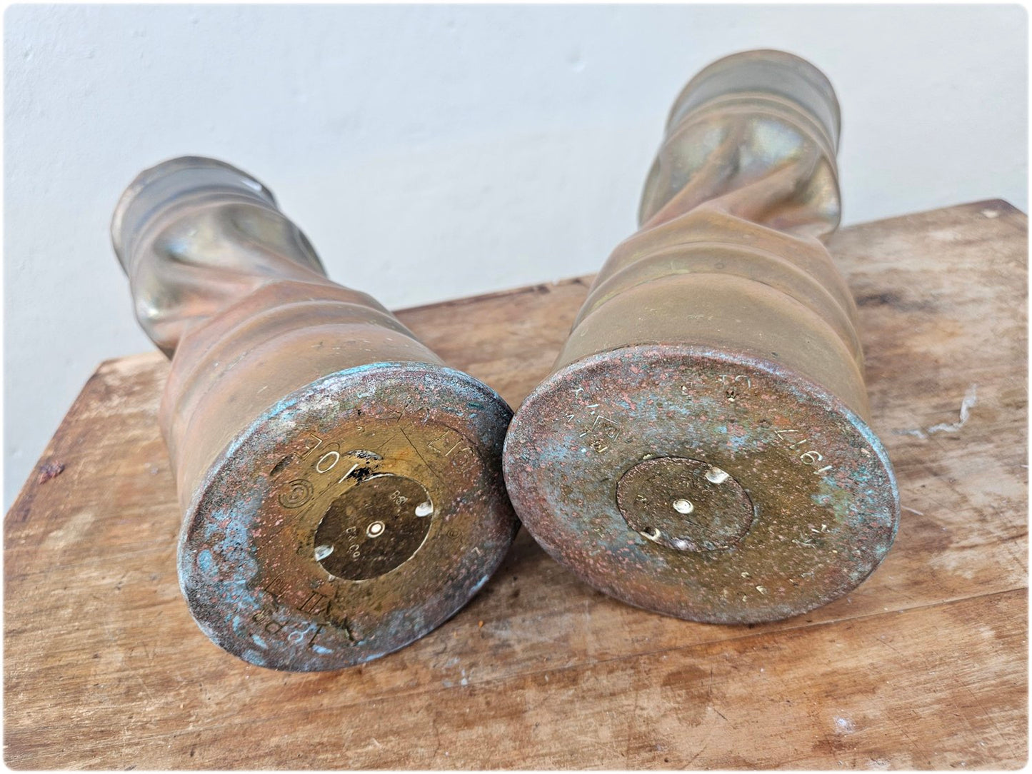 Pair of copper and brass trench art vases