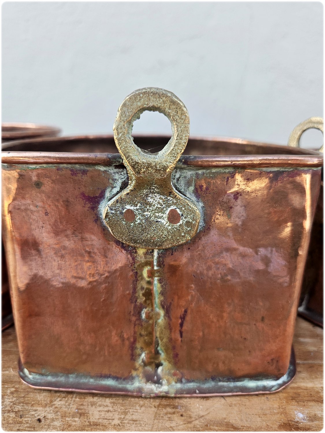 Graduated set of 3 copper and brass wall pocket planters