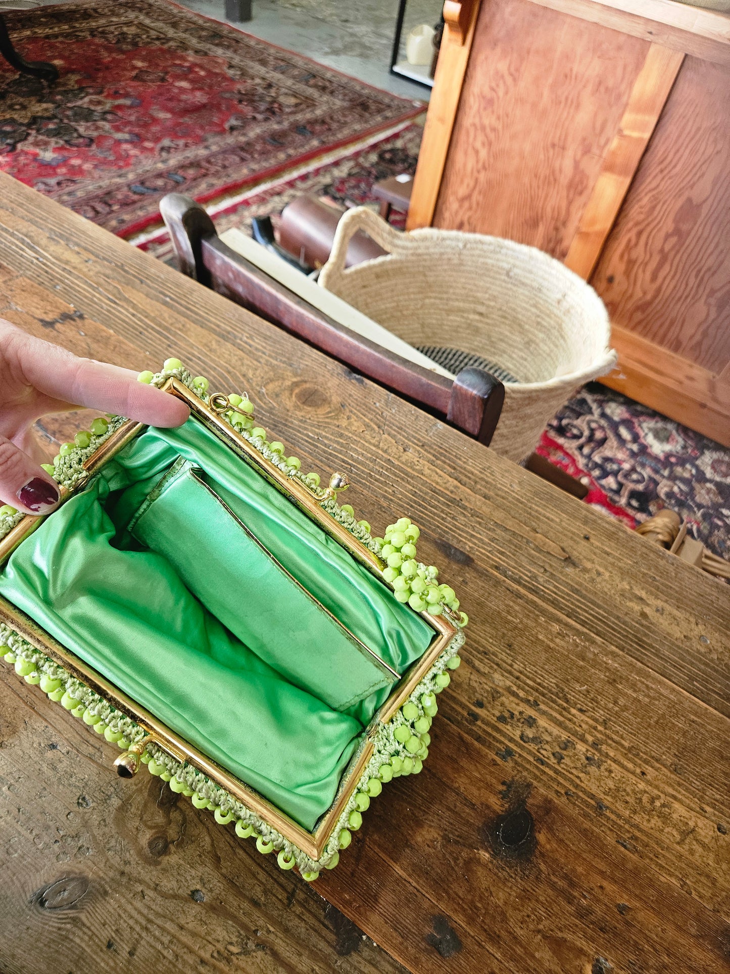 Vintage lime green beaded handbag
