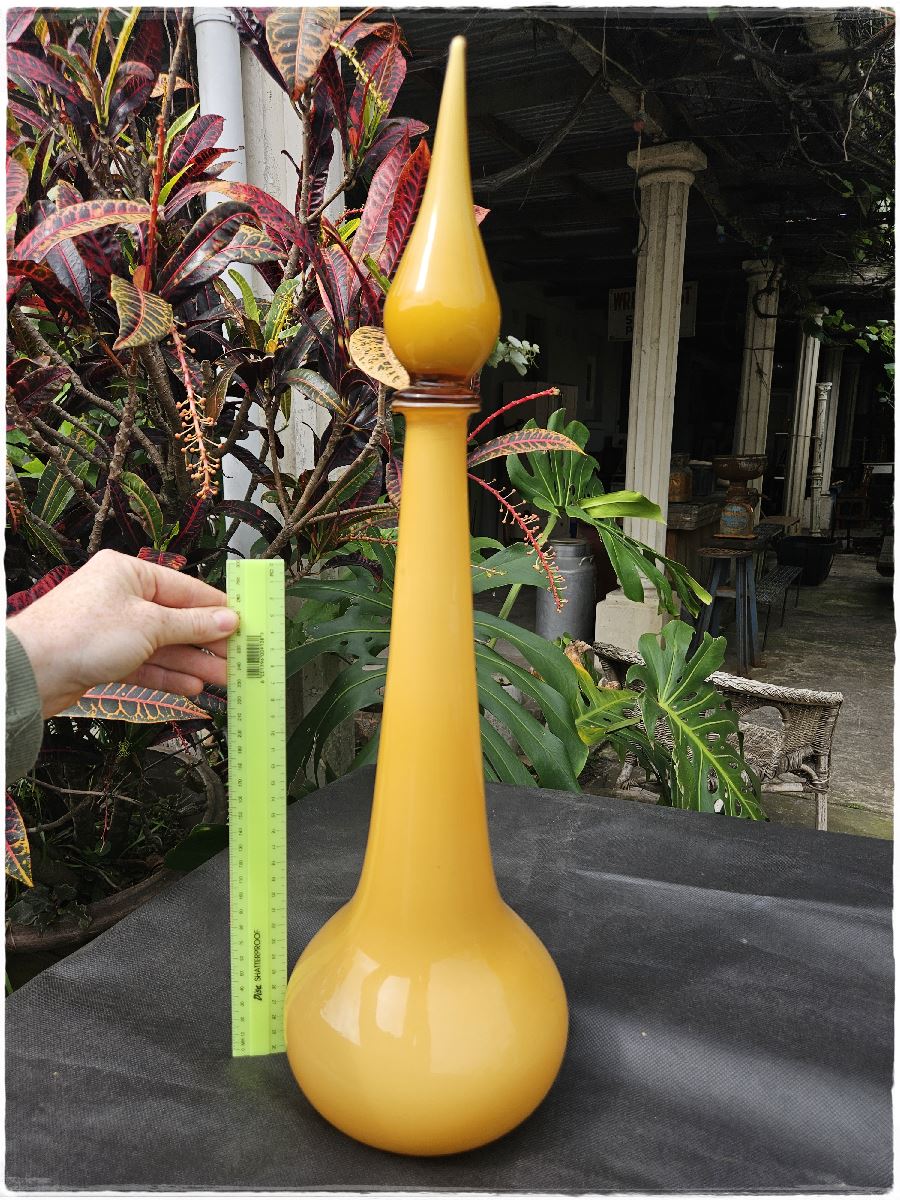 Large Empoli cased glass decanter. Butterscotch mid century italian art glass.