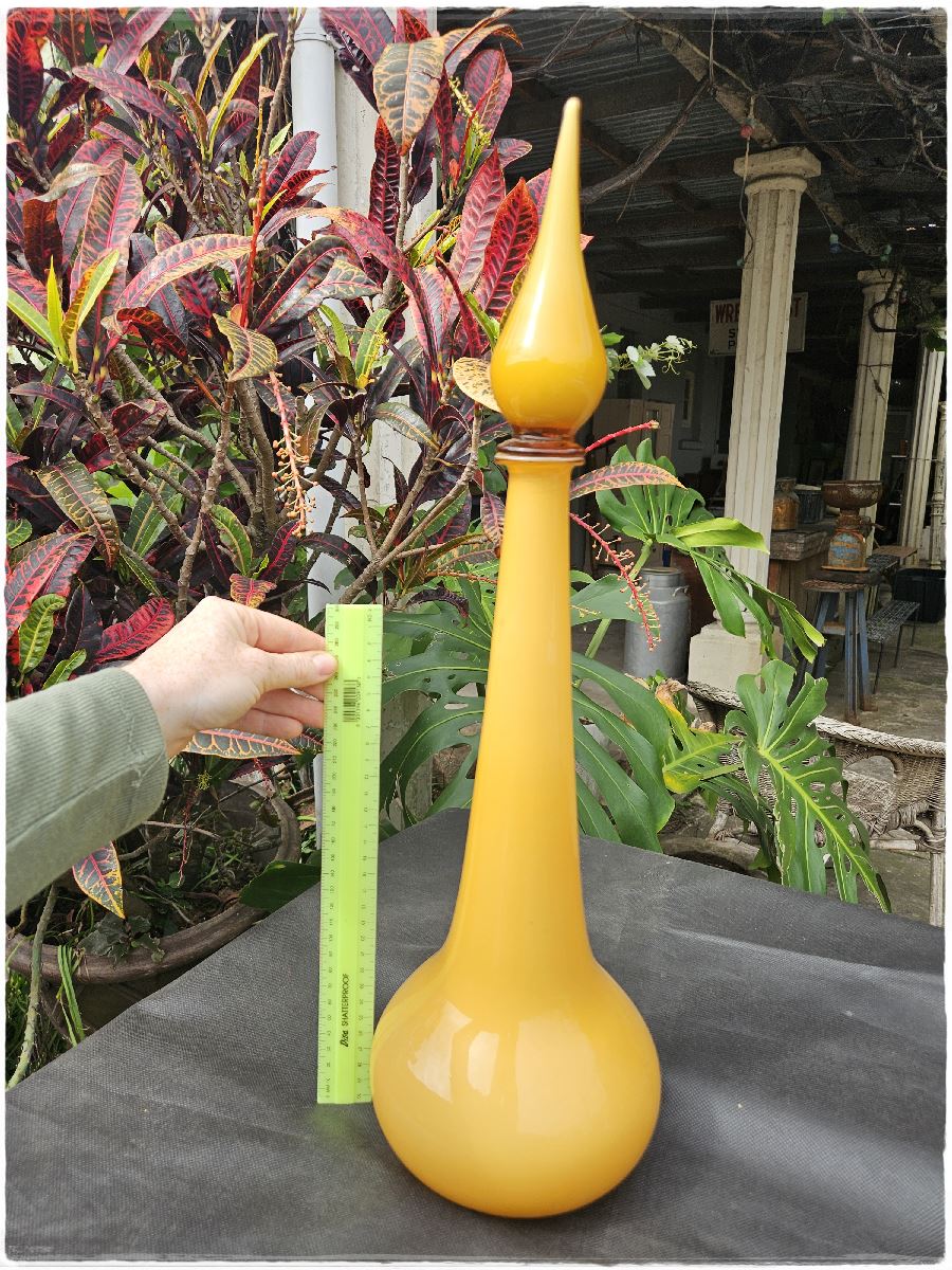 Large Empoli cased glass decanter. Butterscotch mid century italian art glass.