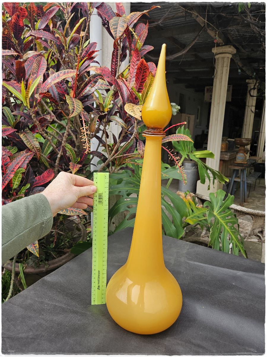 Large Empoli cased glass decanter. Butterscotch mid century italian art glass.