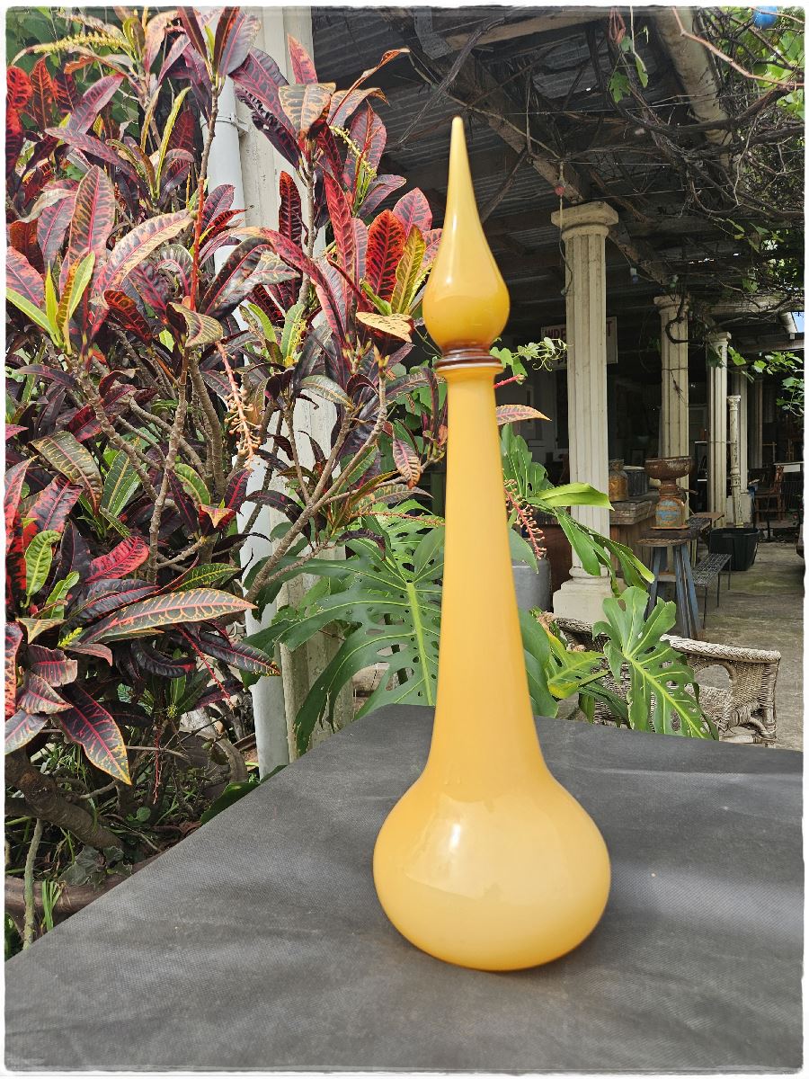 Large Empoli cased glass decanter. Butterscotch mid century italian art glass.