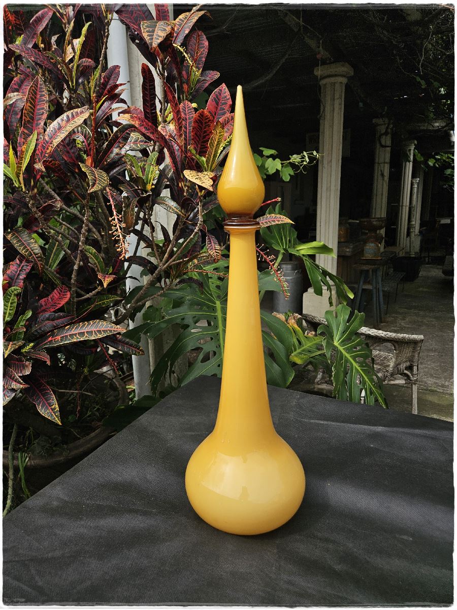 Large Empoli cased glass decanter. Butterscotch mid century italian art glass.