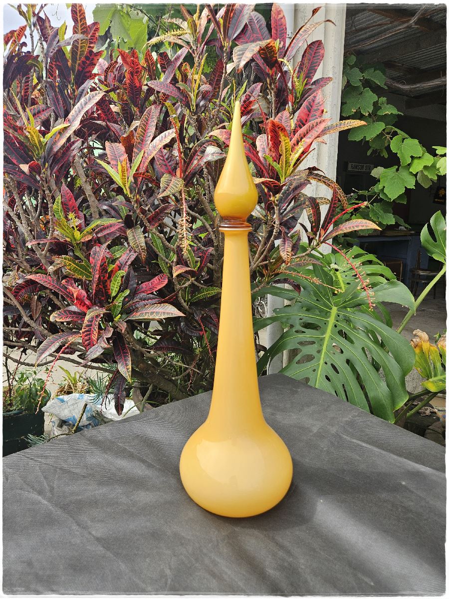 Large Empoli cased glass decanter. Butterscotch mid century italian art glass.