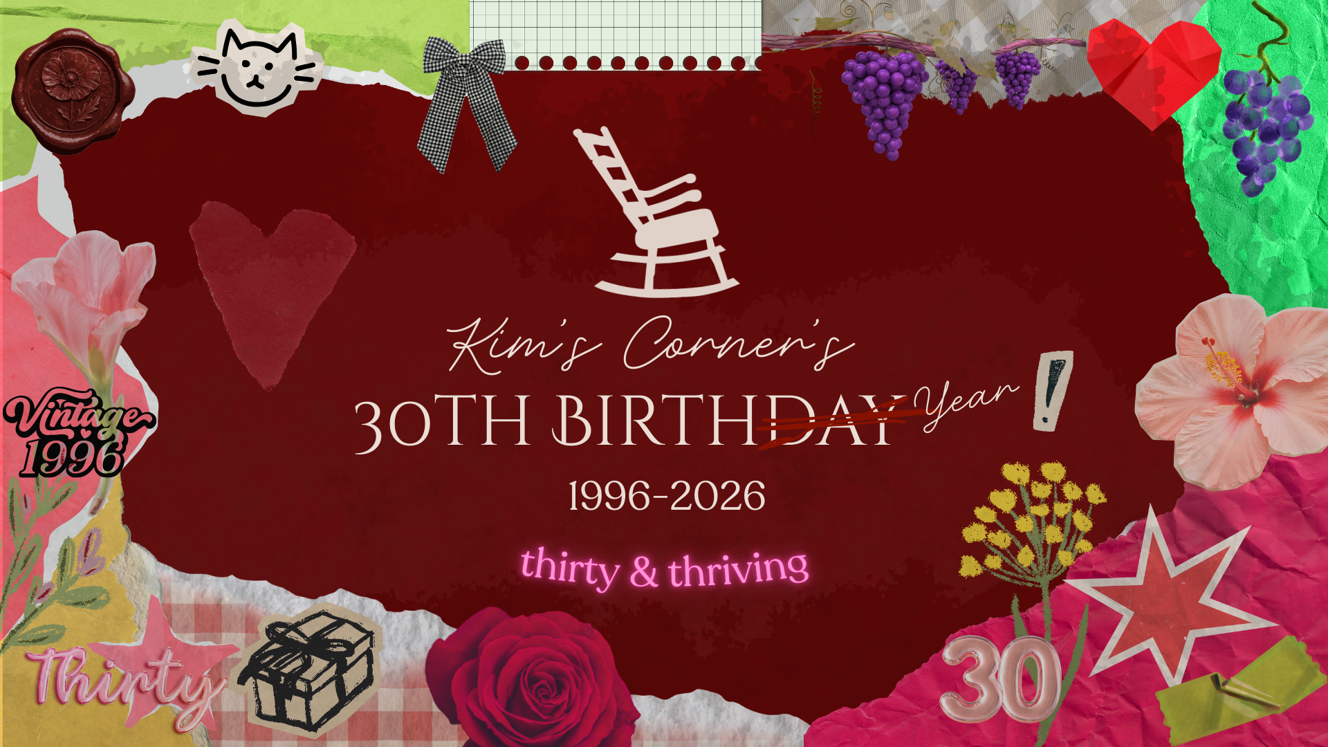 Decorative birthday banner with floral elements and text celebrating Kim's Corner's 30th birthday.