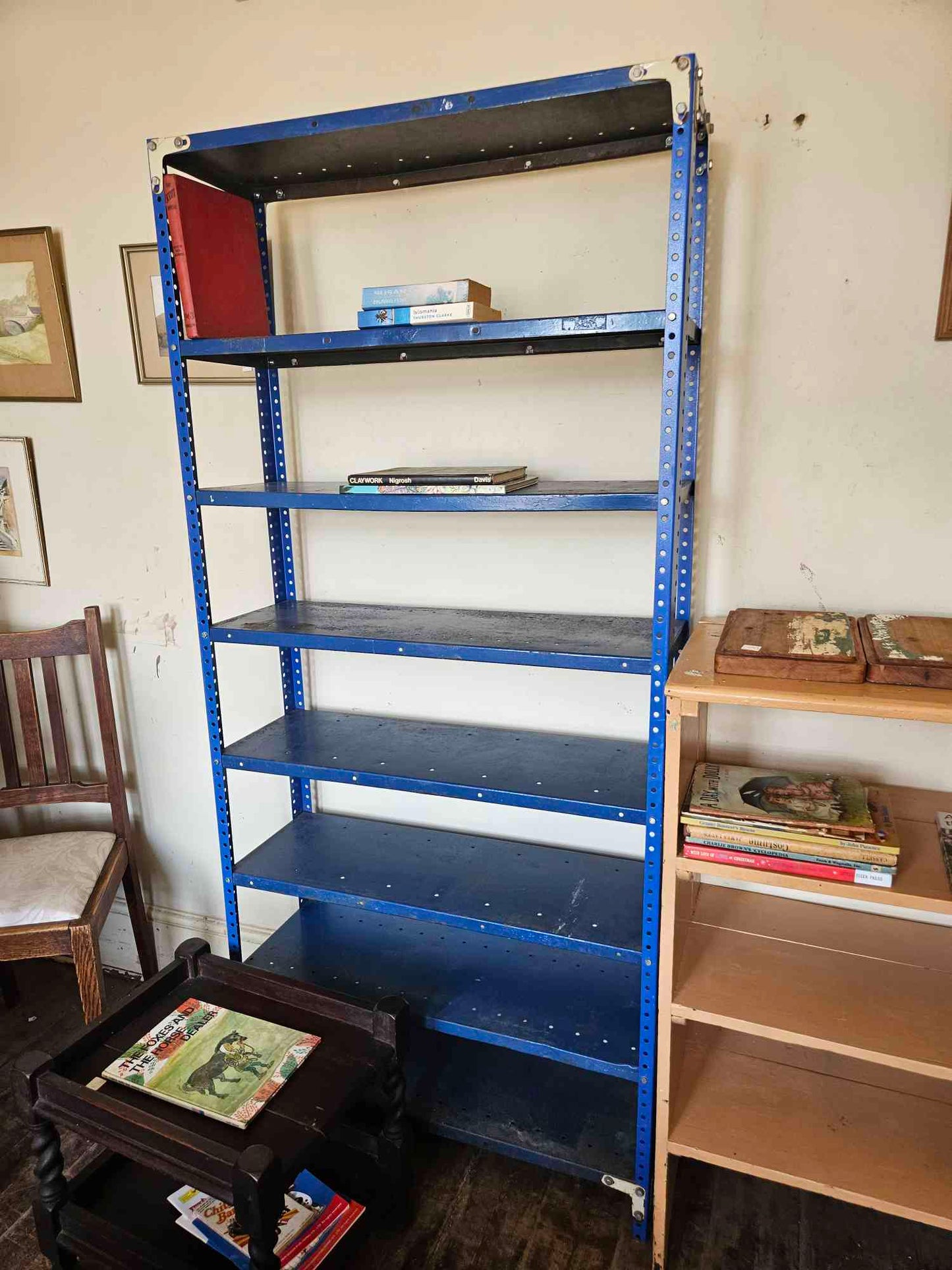 Blue metal shelf