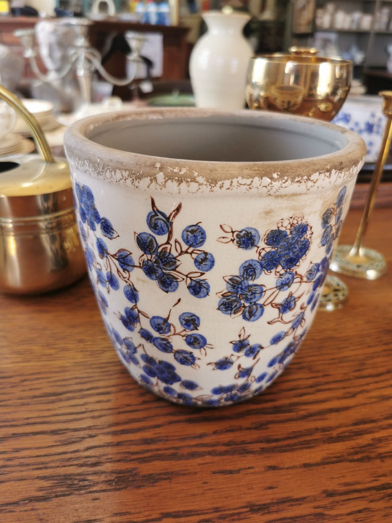 Ceramic pot - blue and brown flowers