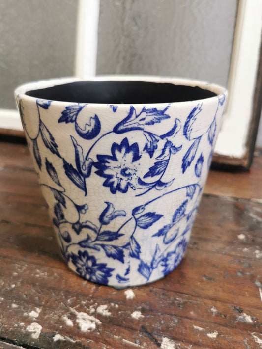 Ceramic plant pot - blue florals and vines