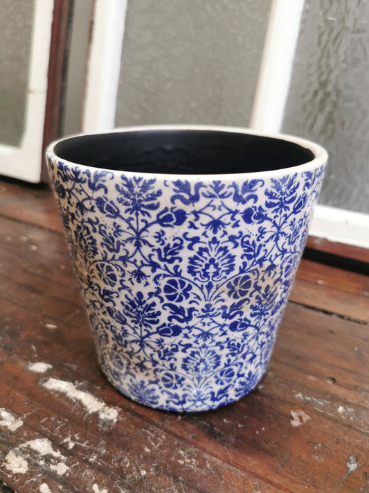 Ceramic plant pot - deep blue floral