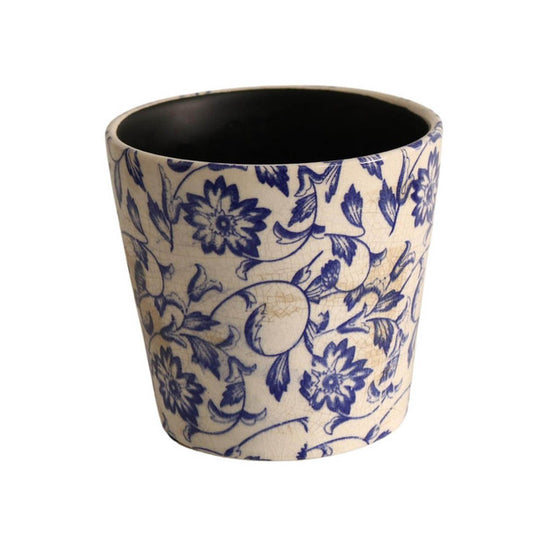 Ceramic plant pot - blue florals and vines