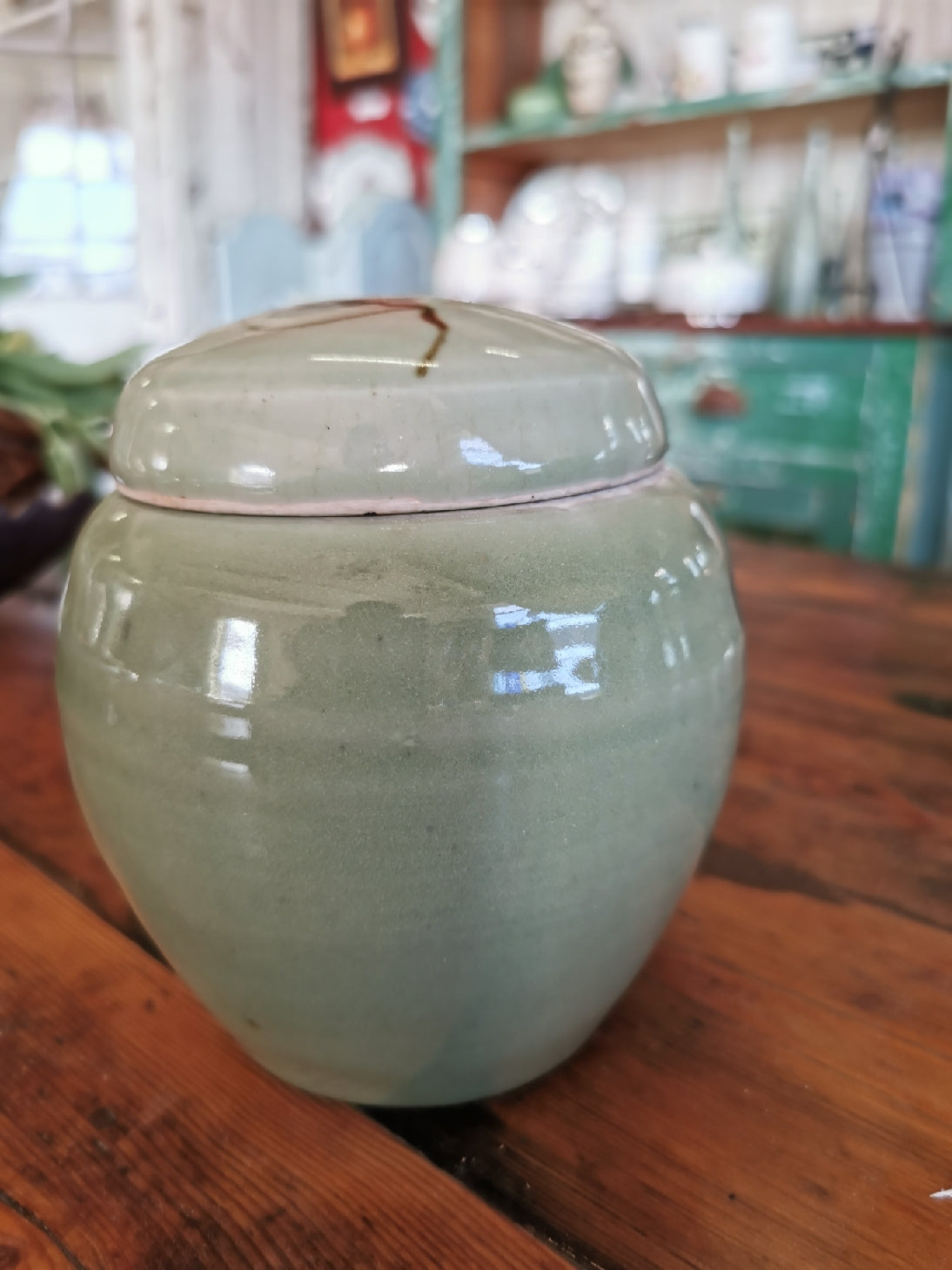 Green pottery ginger jar