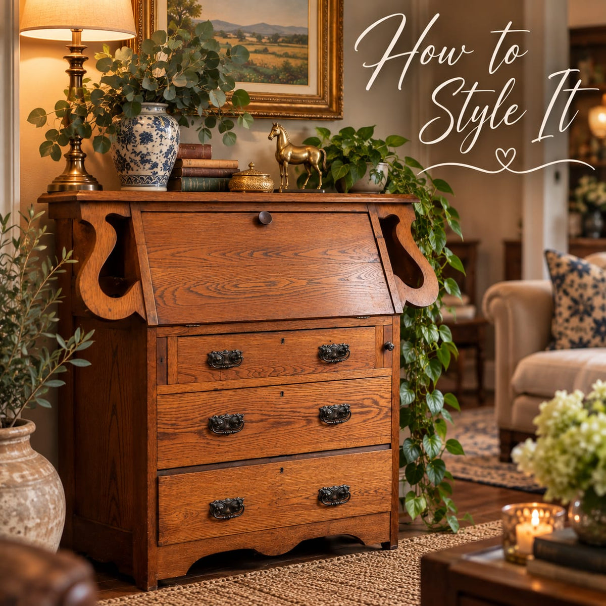 Art Nouveau style, oak writing bureau