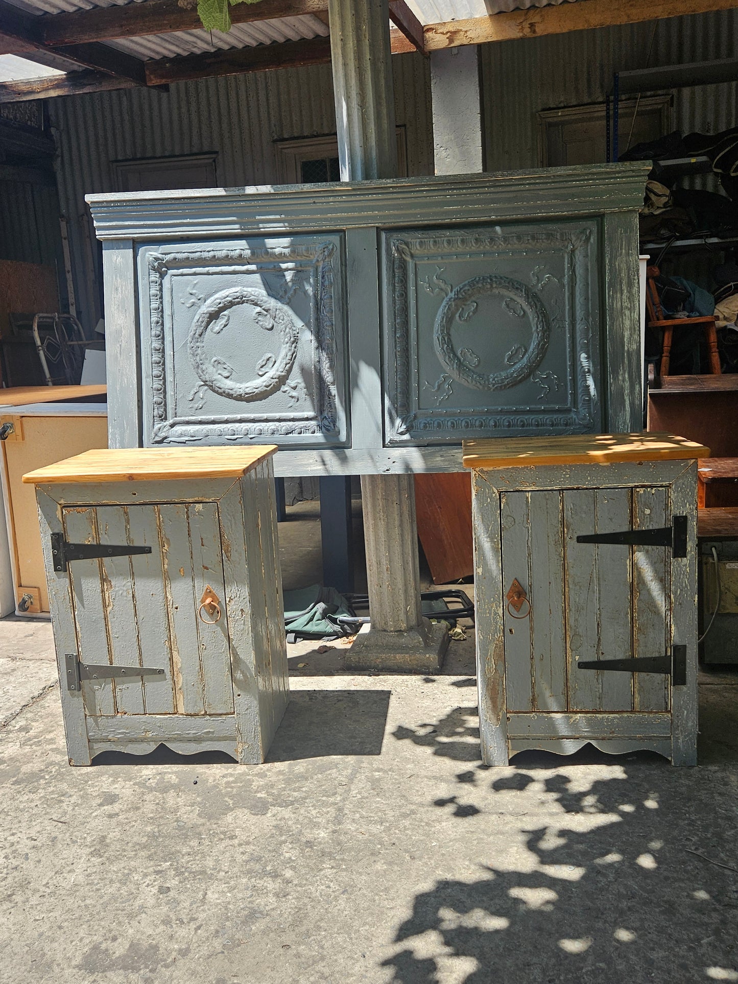 Rustic grey headboard and pedestals set