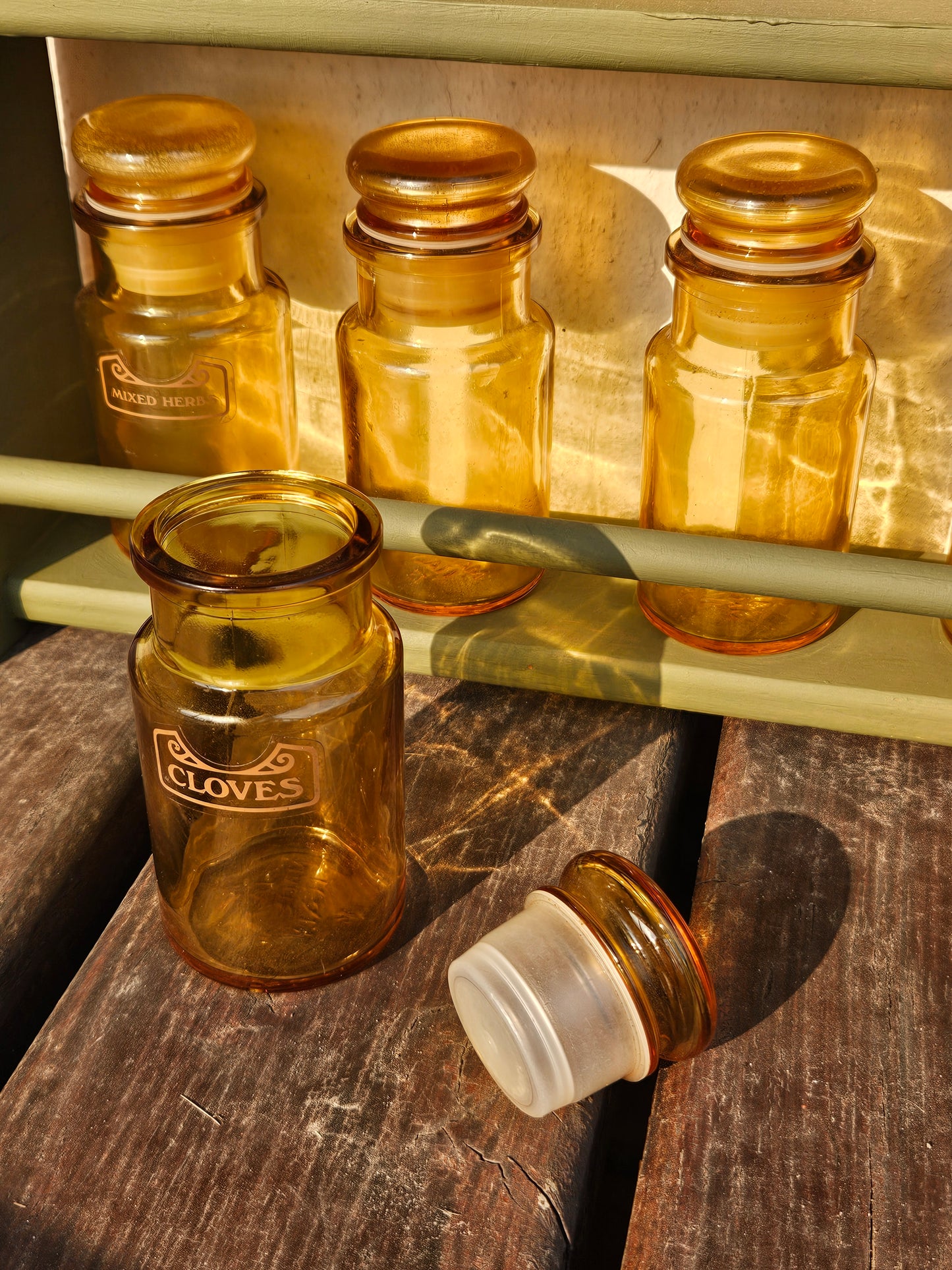 Spice bottles on rack