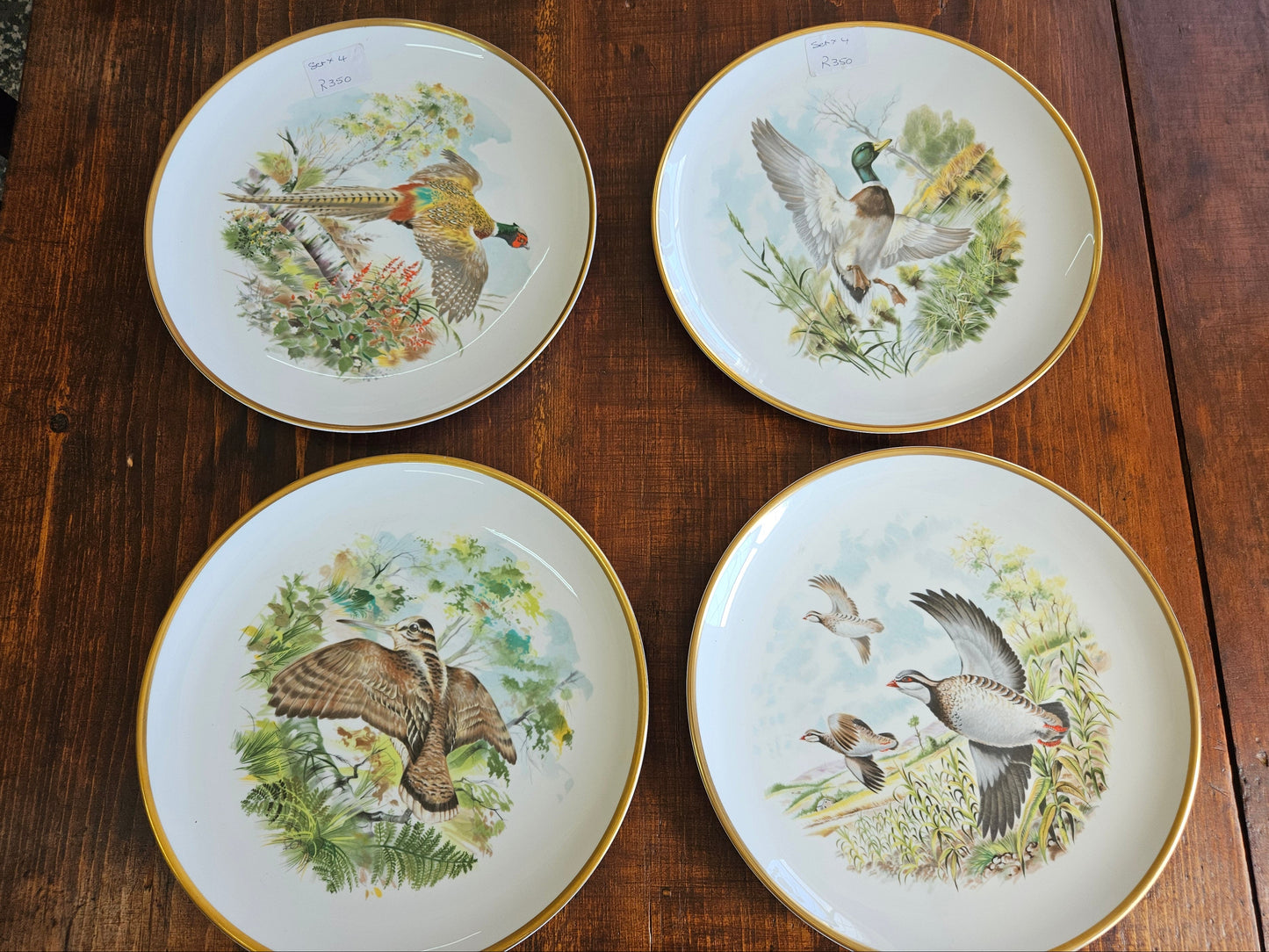 Four decorative plates with bird illustrations